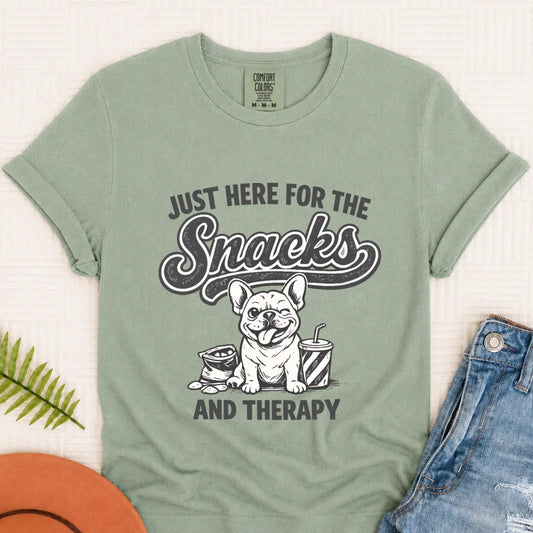 Frenchie Snacks and Therapy Unisex TShirt Bay