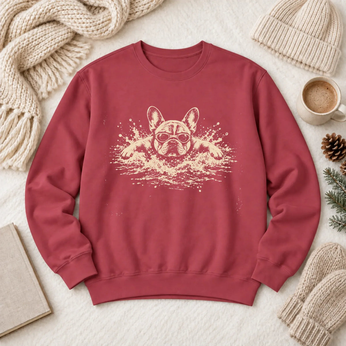 Frenchie Swimming Pool Swimmer Unisex Sweatshirt Crimson