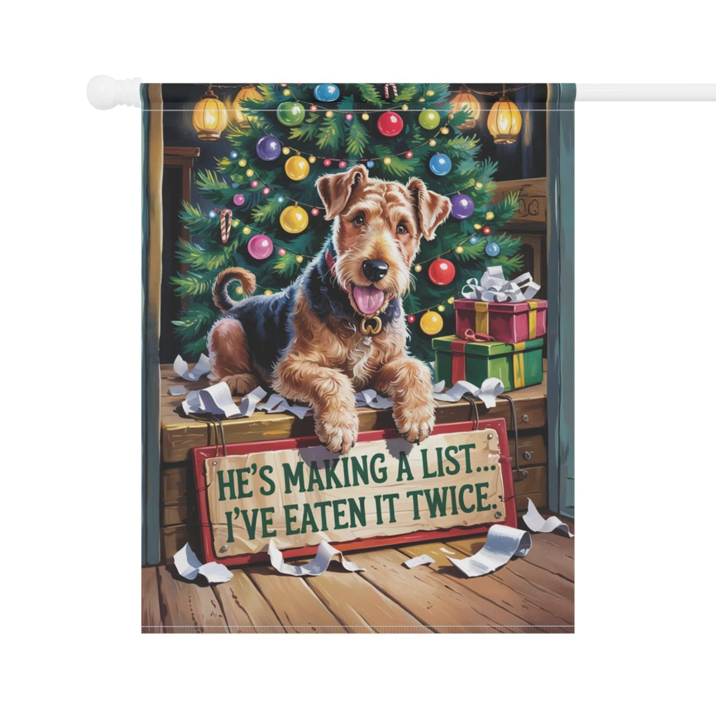 Printify Home Decor Funny Airedale Terrier Christmas Garden Flag, Holiday Santa Clause List Yard Decor, Front Yard Outdoor Winter Decoration, Housewarming Gift