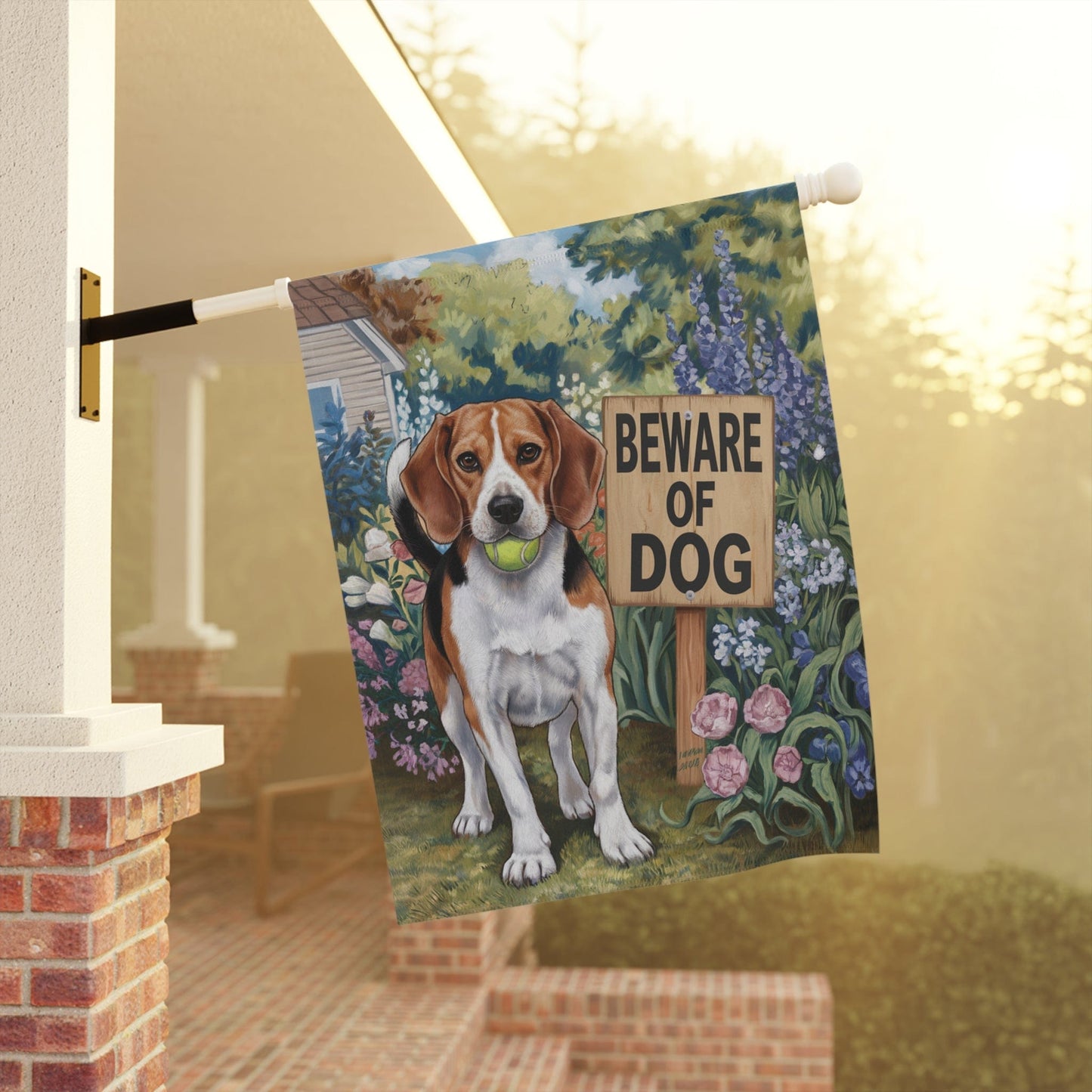 Printify Home Decor Funny Beagle Garden Flag, Beware of Dog Yard Decor, Front Yard Dog Sign