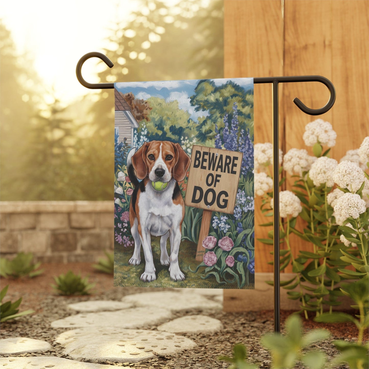 Printify Home Decor Funny Beagle Garden Flag, Beware of Dog Yard Decor, Front Yard Dog Sign
