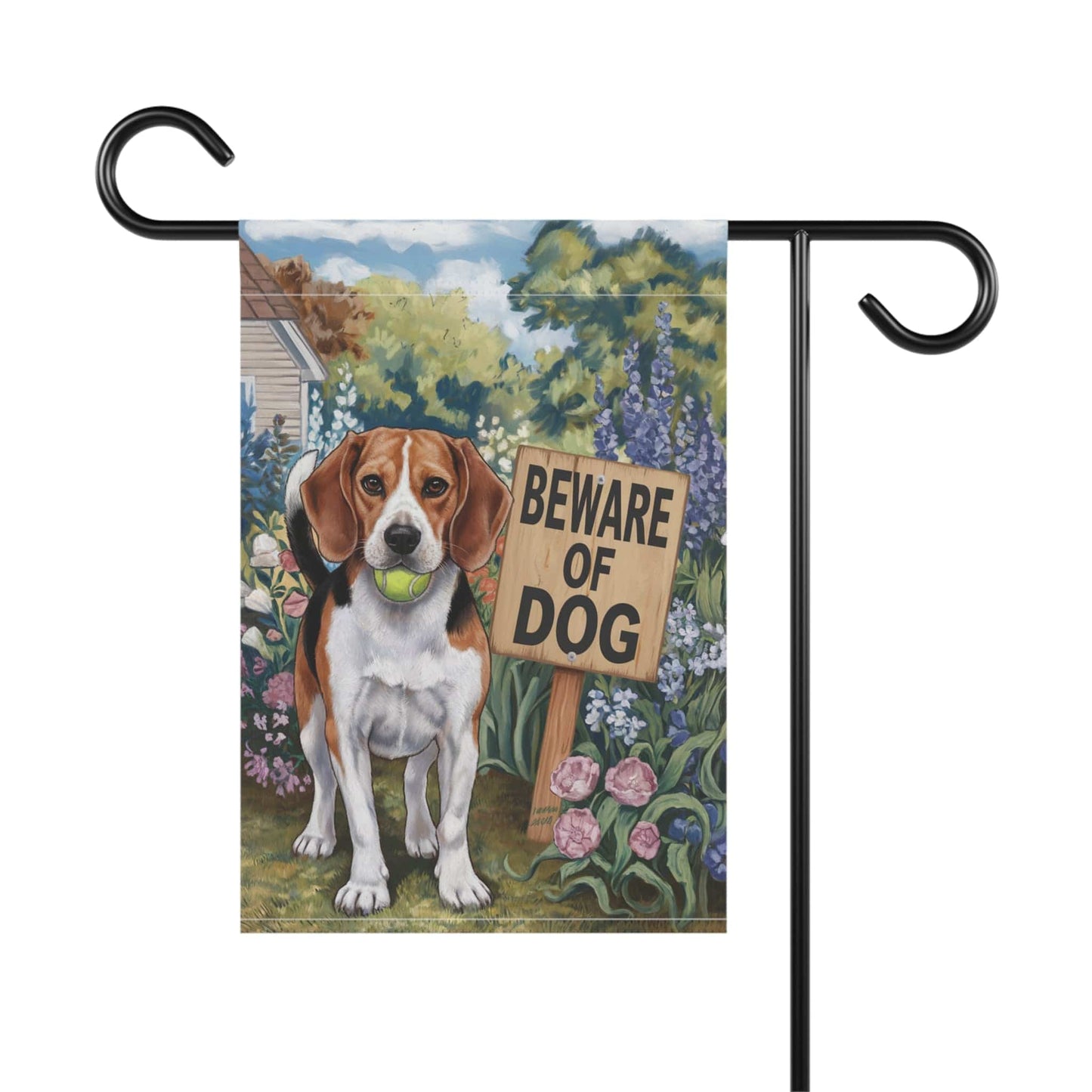 Printify Home Decor Funny Beagle Garden Flag, Beware of Dog Yard Decor, Front Yard Dog Sign