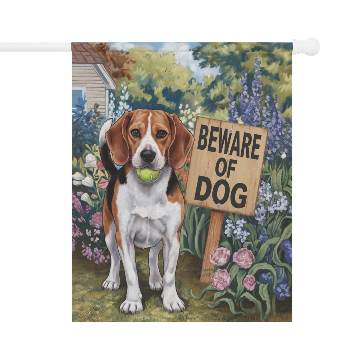 Printify Home Decor 24.5'' × 32'' Funny Beagle Garden Flag, Beware of Dog Yard Decor, Front Yard Dog Sign