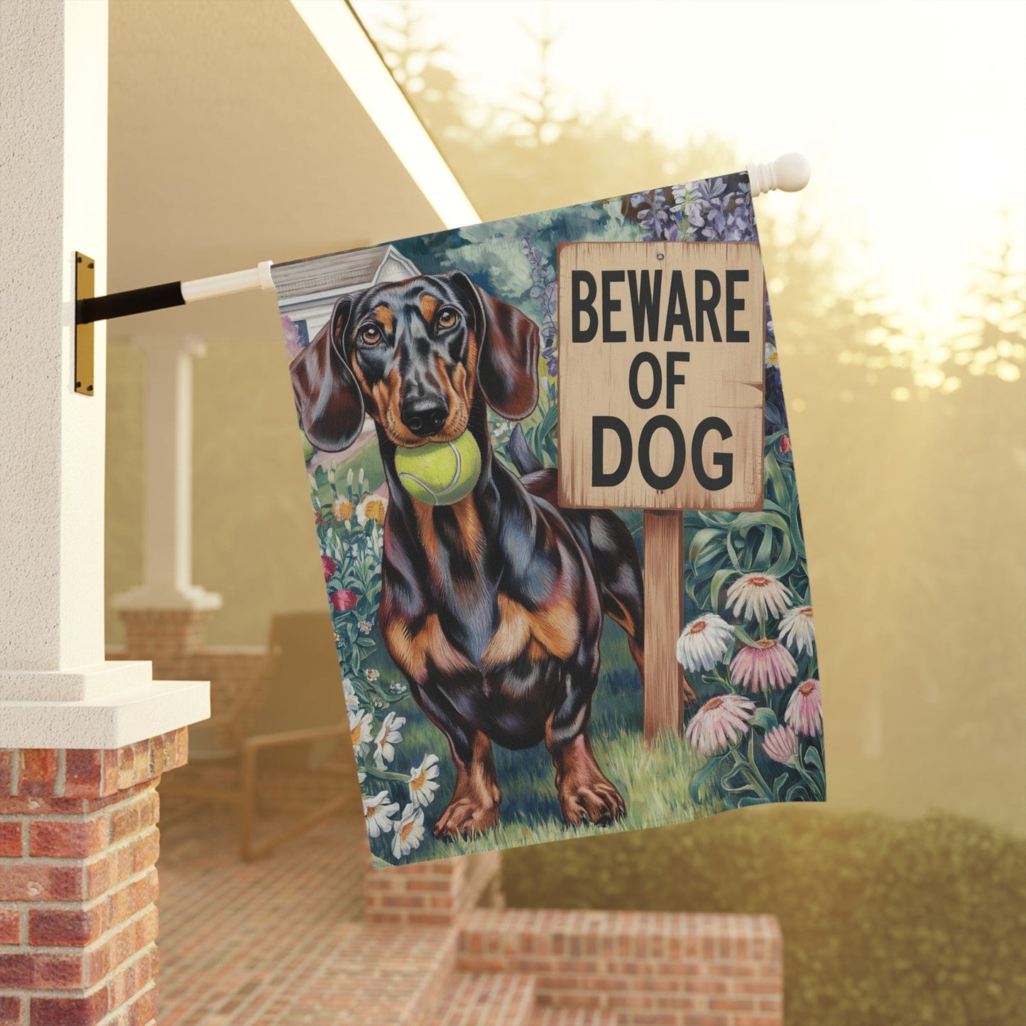 Printify Garden Flag Funny Dachshund Garden Flag, Beware of Dog Yard Decor, Front Yard Dog Sign