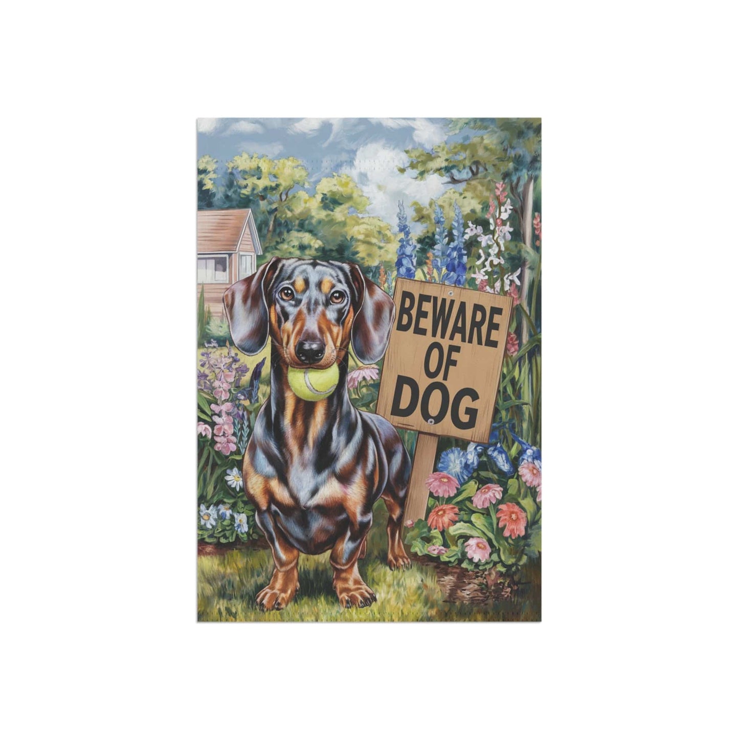 Printify Garden Flag Funny Dachshund Garden Flag, Beware of Dog Yard Decor, Front Yard Dog Sign
