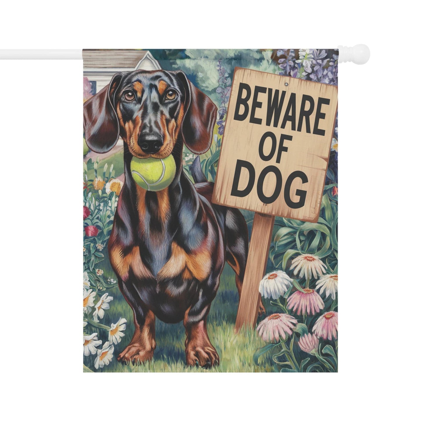 Printify Garden Flag 24.5'' × 32'' Funny Dachshund Garden Flag, Beware of Dog Yard Decor, Front Yard Dog Sign