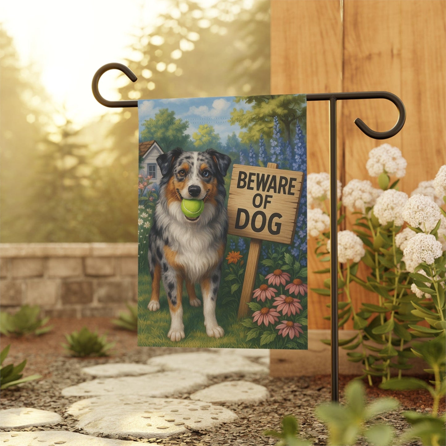 Printify Home Decor Funny Merle Australian Shepherd Garden Flag, Beware of Dog Yard Decor Front Yard Sign Outdoor Spring Decor