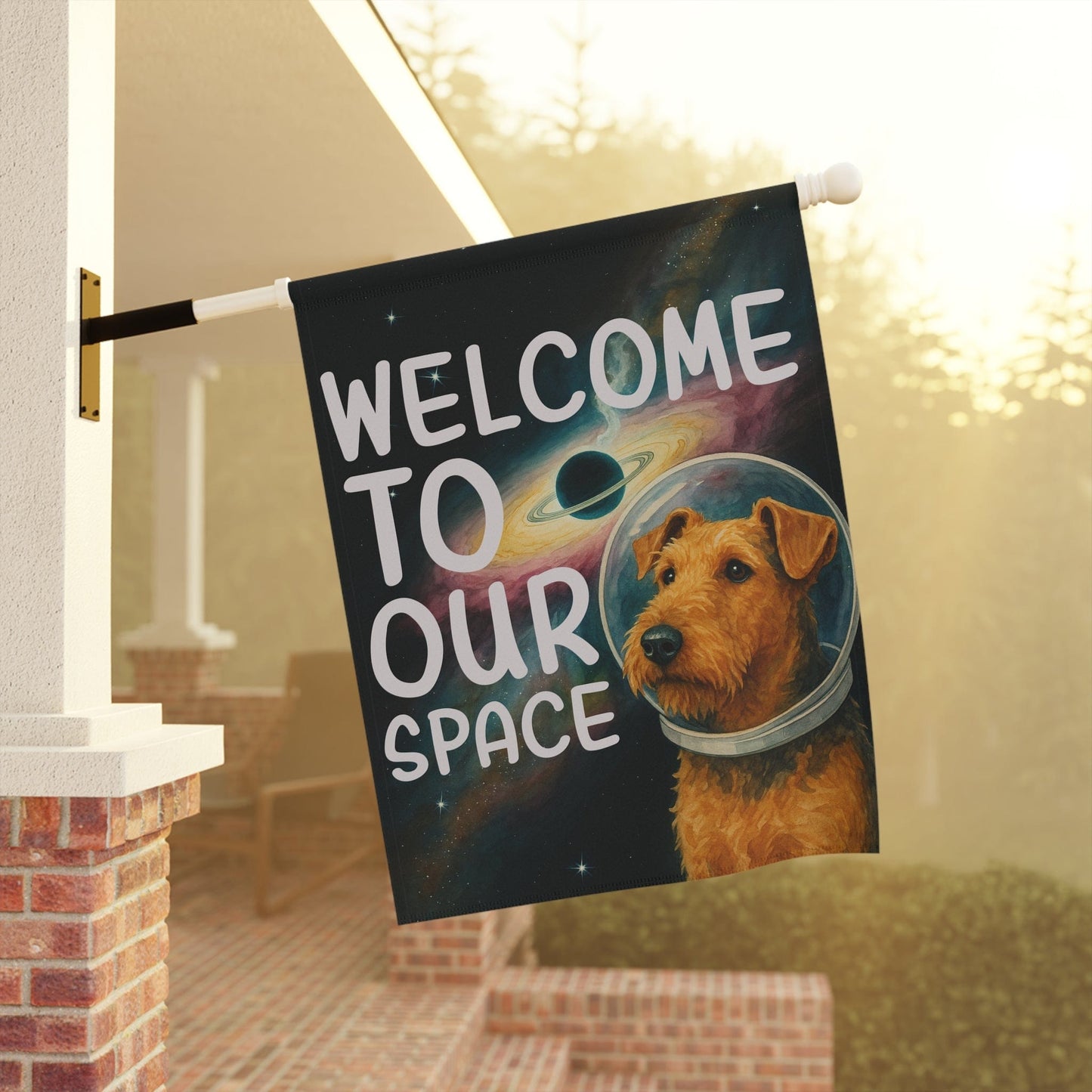 Printify Home Decor Garden Flag, Airedale Terrier Space Lover Banner, Astronaut Decor, Outer Space Decoration, House Flag Dog Lover, Gardeners Housewarming Gift