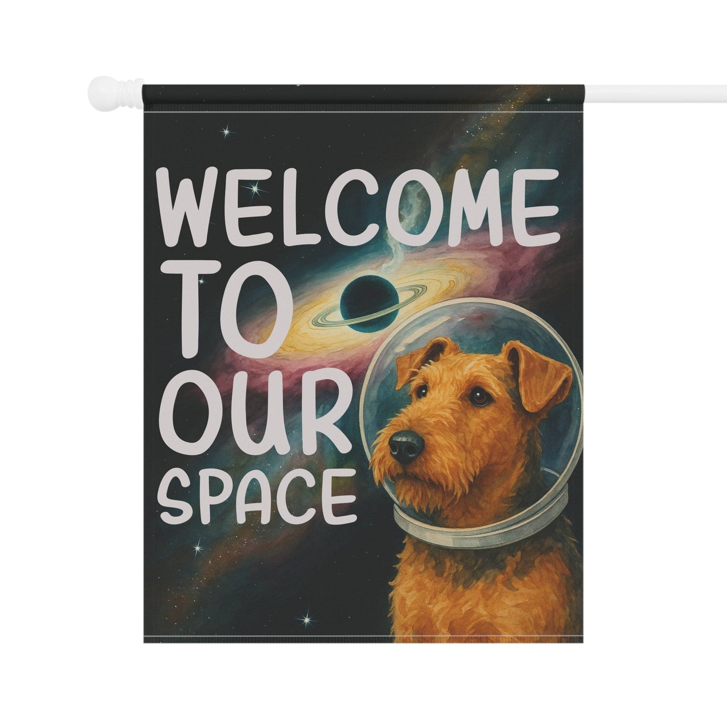 Printify Home Decor Garden Flag, Airedale Terrier Space Lover Banner, Astronaut Decor, Outer Space Decoration, House Flag Dog Lover, Gardeners Housewarming Gift