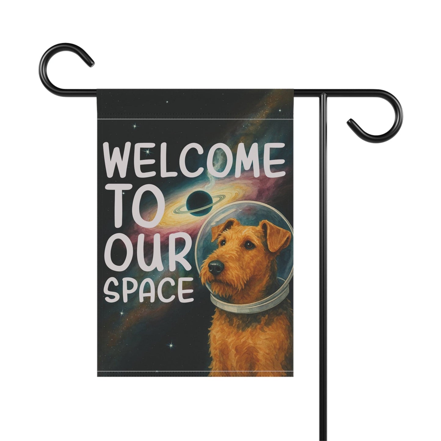 Printify Home Decor Garden Flag, Airedale Terrier Space Lover Banner, Astronaut Decor, Outer Space Decoration, House Flag Dog Lover, Gardeners Housewarming Gift
