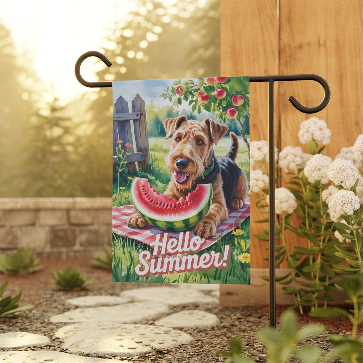 Printify Home Decor Garden Flag, Airedale Terrier Watermelon Hello Summer Yard Sign, Picnic Housewarming Decor, Dog Mom Dad Gift, New Home Banner