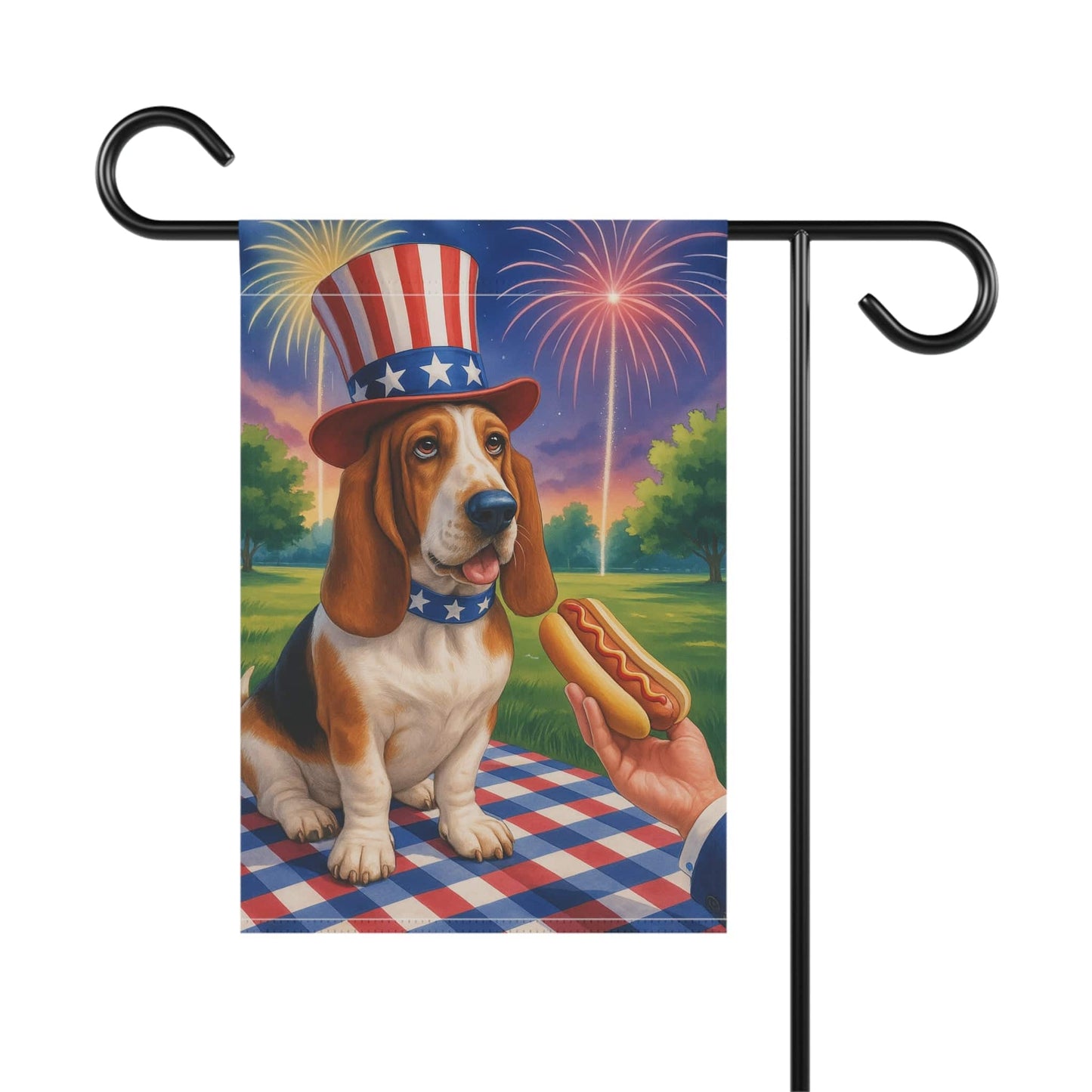 Printify Home Decor Garden Flag, Basset Hound Dog 4th of July Yard Decor, Hot Dog Independence Day America