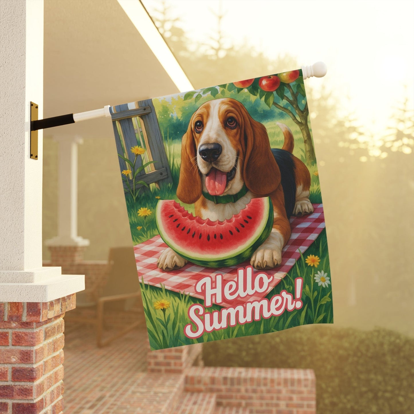 Printify Home Decor Garden Flag, Basset Hound Watermelon Hello Summer Yard Sign, Picnic