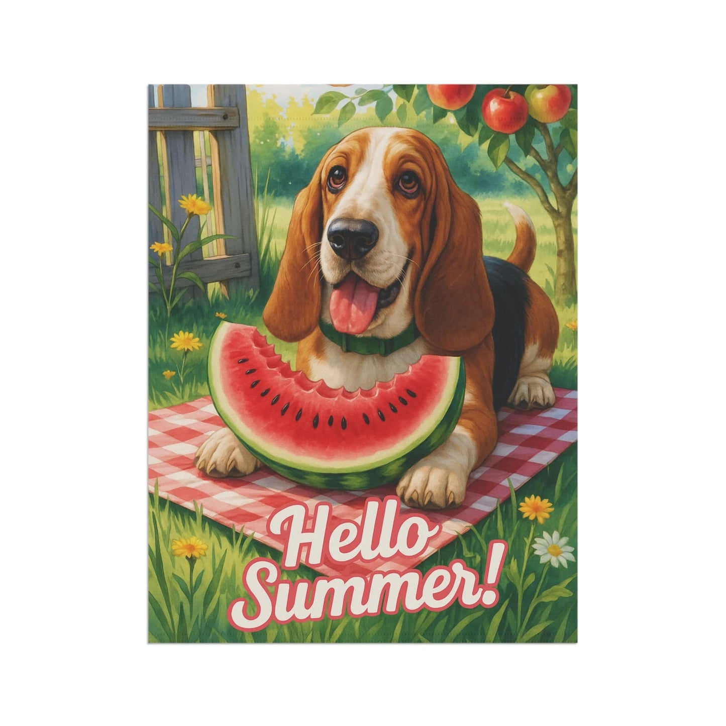 Printify Home Decor Garden Flag, Basset Hound Watermelon Hello Summer Yard Sign, Picnic