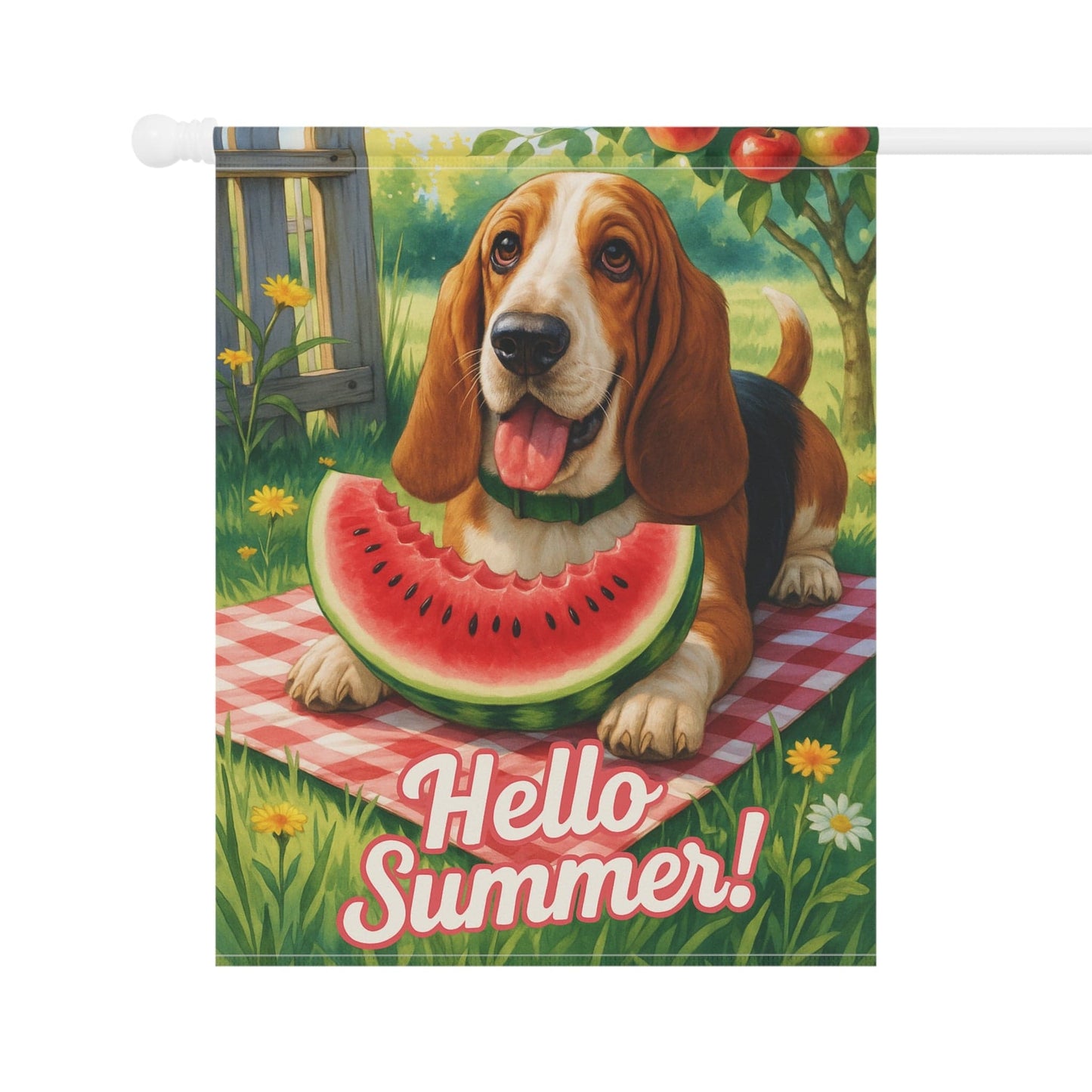 Printify Home Decor Garden Flag, Basset Hound Watermelon Hello Summer Yard Sign, Picnic