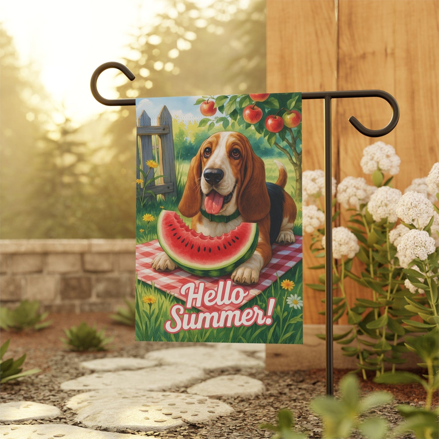 Printify Home Decor Garden Flag, Basset Hound Watermelon Hello Summer Yard Sign, Picnic