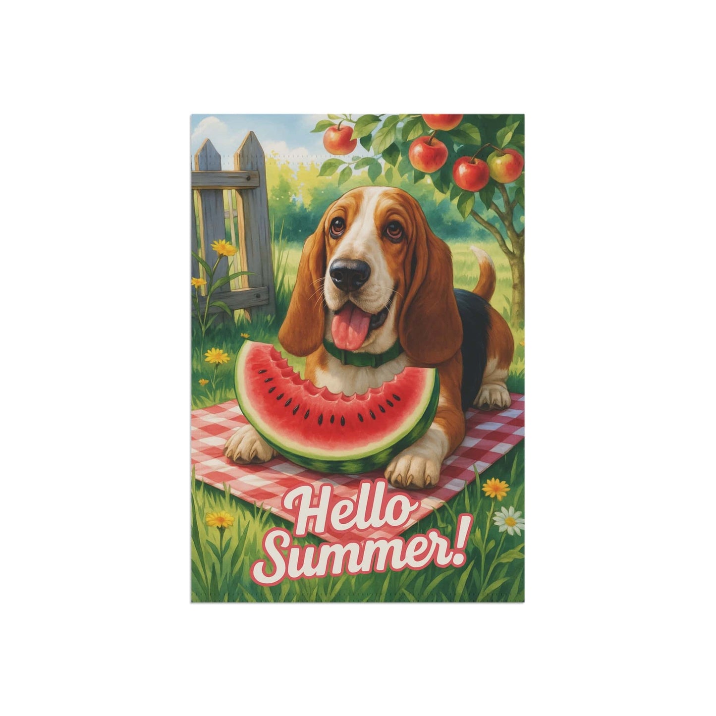 Printify Home Decor Garden Flag, Basset Hound Watermelon Hello Summer Yard Sign, Picnic