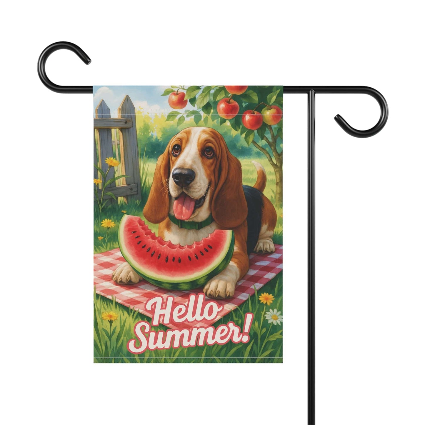 Printify Home Decor Garden Flag, Basset Hound Watermelon Hello Summer Yard Sign, Picnic
