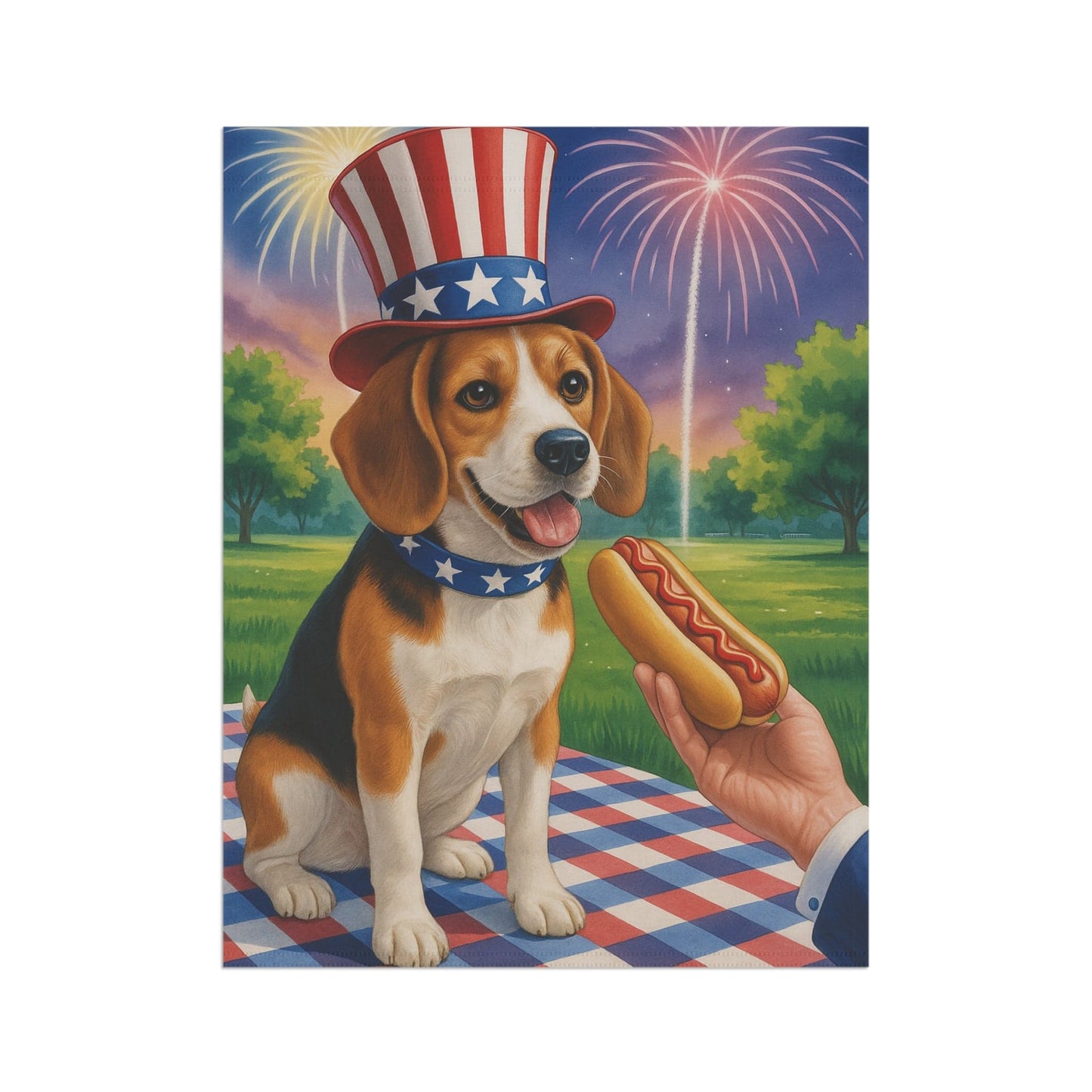Printify Home Decor Garden Flag, Beagle Hound Dog 4th of July Yard Decor, Hot Dog Independence Day