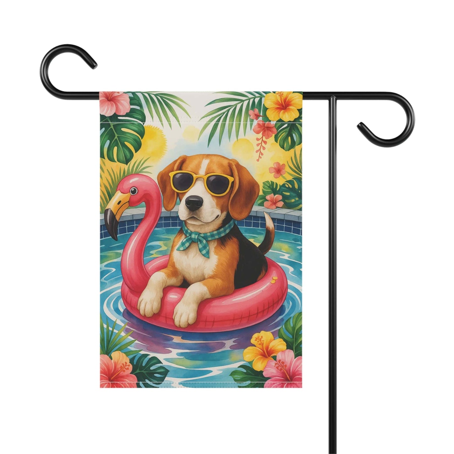 Printify Home Decor Garden Flag, Beagle Hound Dog Yard Decor, Hello Summer Pool Party, Outdoor