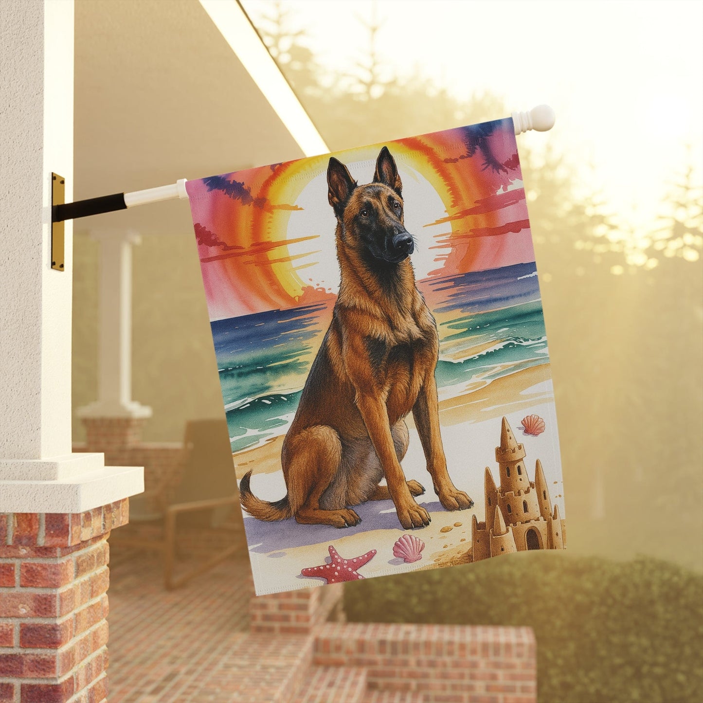 Printify Garden Flag Garden Flag, Belgian Malinois Nautical Decor - House Banner for Beach