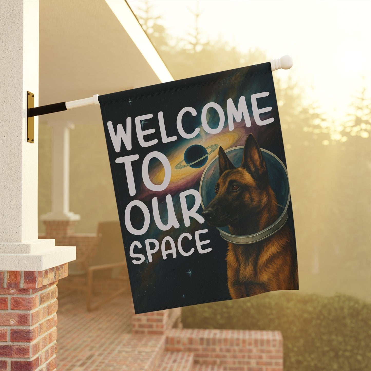 Garden Flag, Belgian Malinois Space Lover Banner, Astronaut Decor, Outer Space