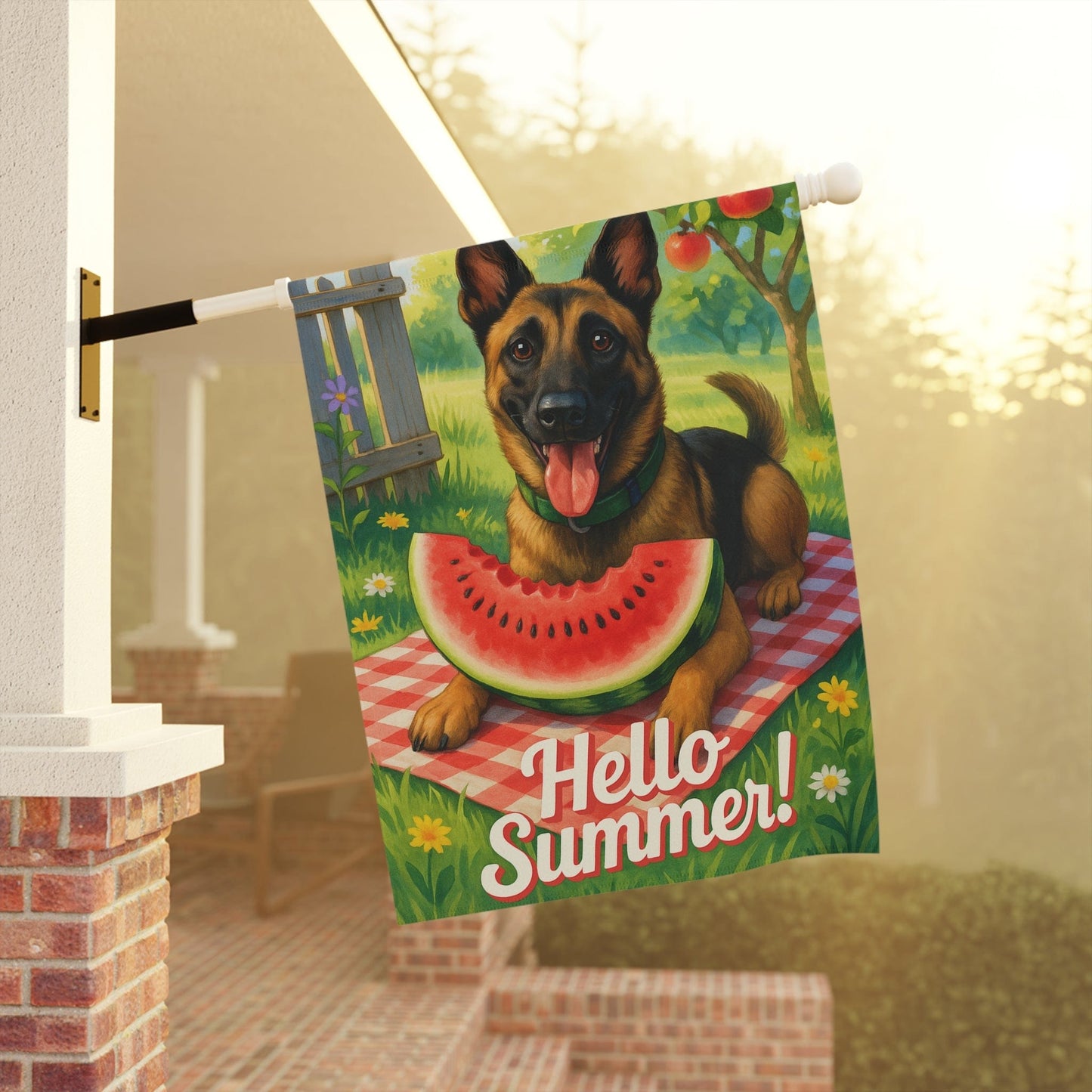 Printify Home Decor Garden Flag, Belgian Malinois Watermelon Hello Summer Yard Sign, Picnic