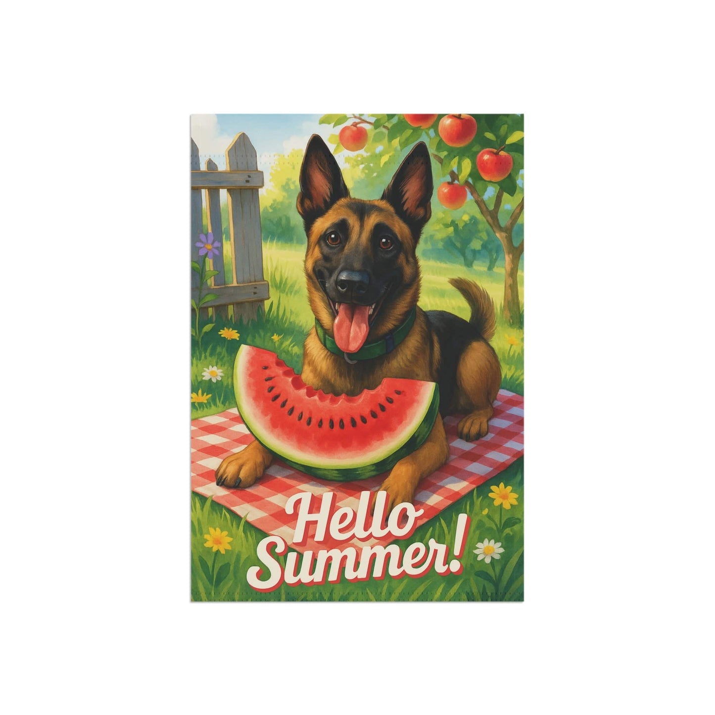 Printify Home Decor Garden Flag, Belgian Malinois Watermelon Hello Summer Yard Sign, Picnic
