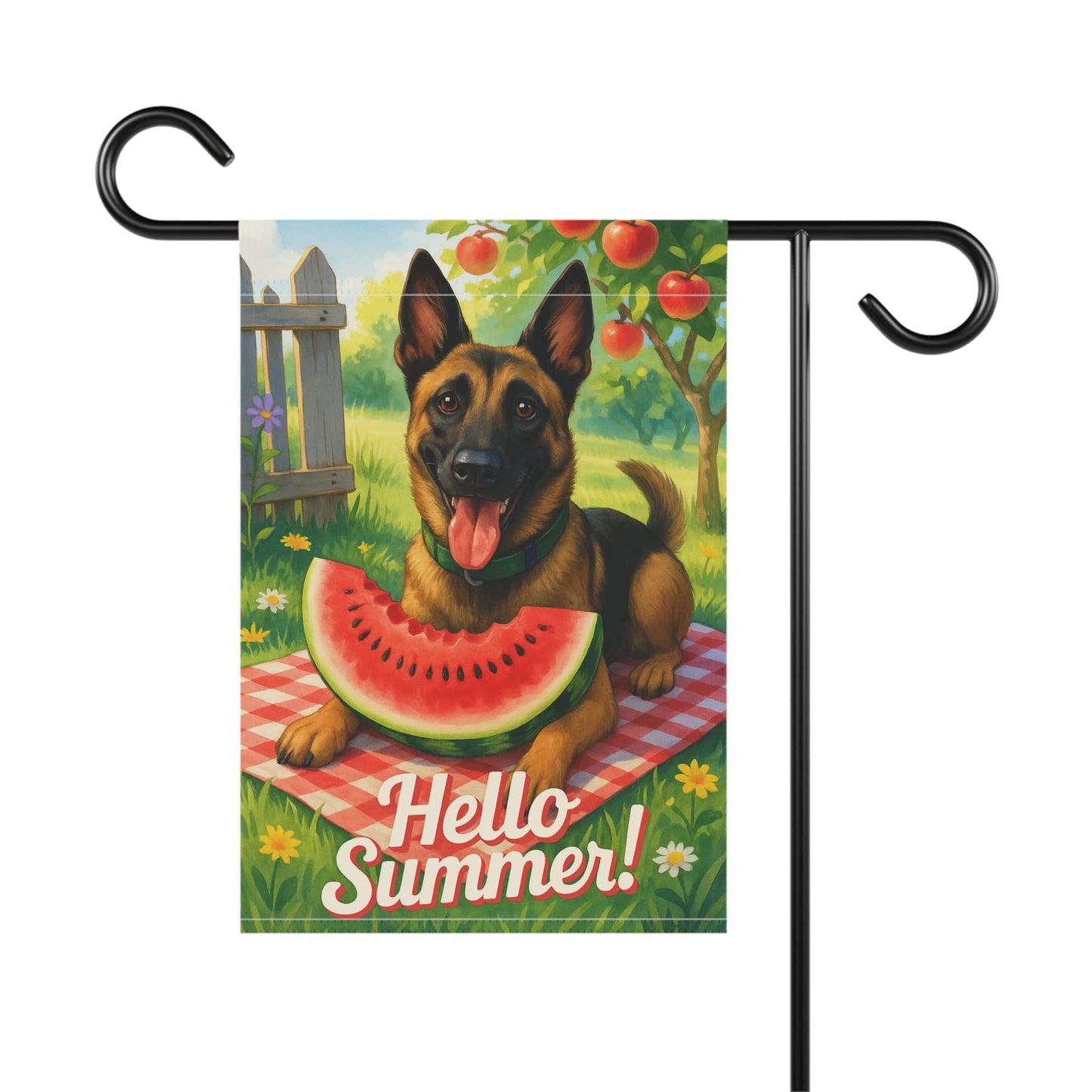 Printify Home Decor Garden Flag, Belgian Malinois Watermelon Hello Summer Yard Sign, Picnic