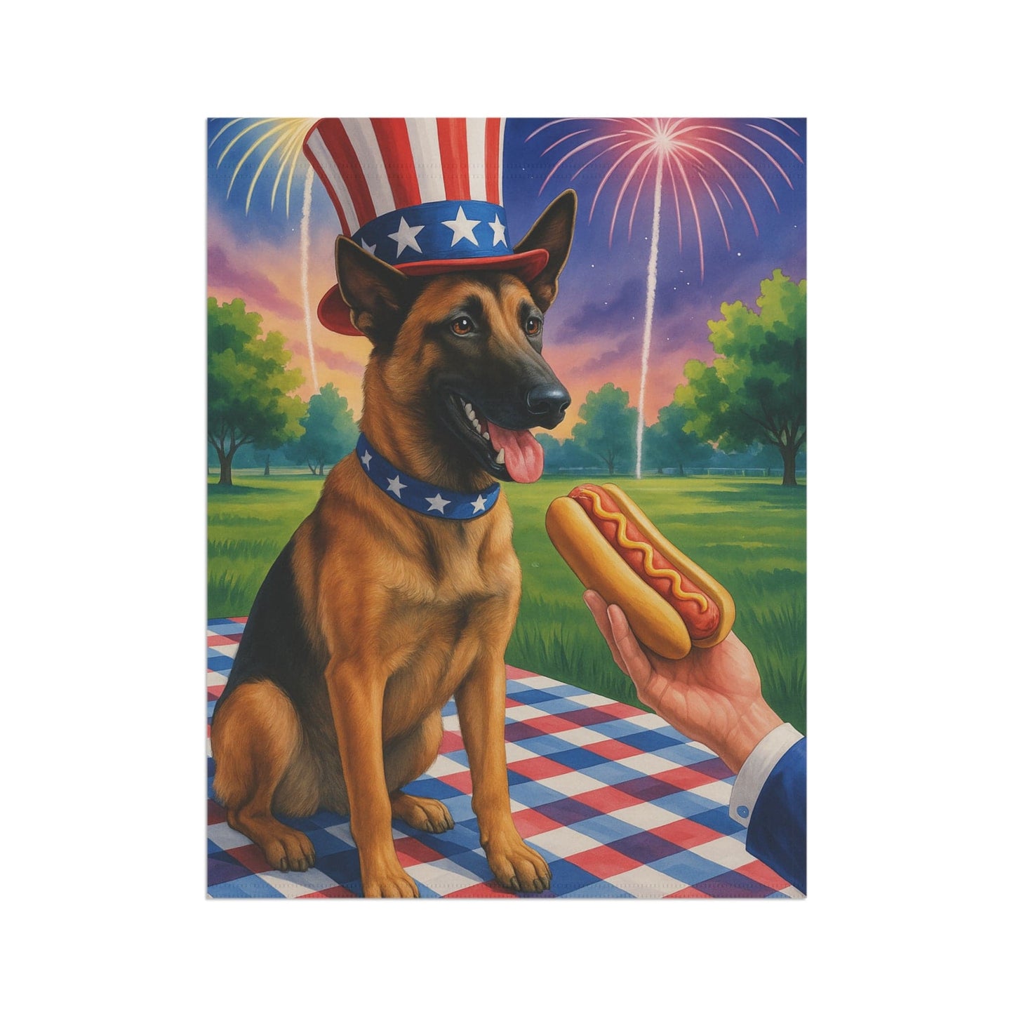 Printify Home Decor Garden Flag, Belgian Malinoise Dog 4th of July Yard Decor, Hot Dog Independence Day America