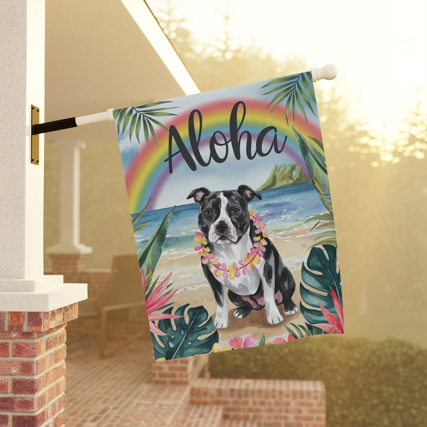 Garden Flag, Black Staffordshire Bull Terrier Aloha Luau Party Decor, Tropical Hawaiian Beach
