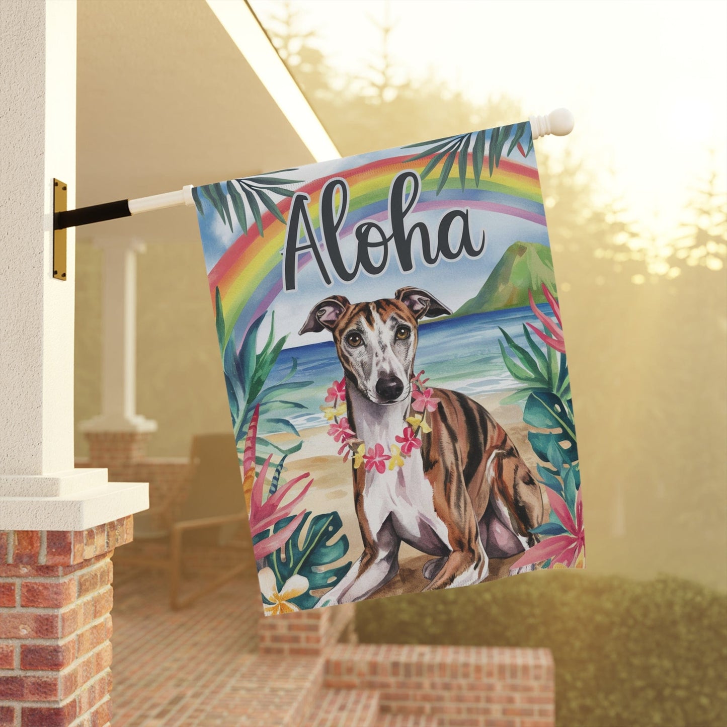 Garden Flag, Brindle Greyhound Aloha Luau Party Decor, Tropical Hawaiian Beach Scene