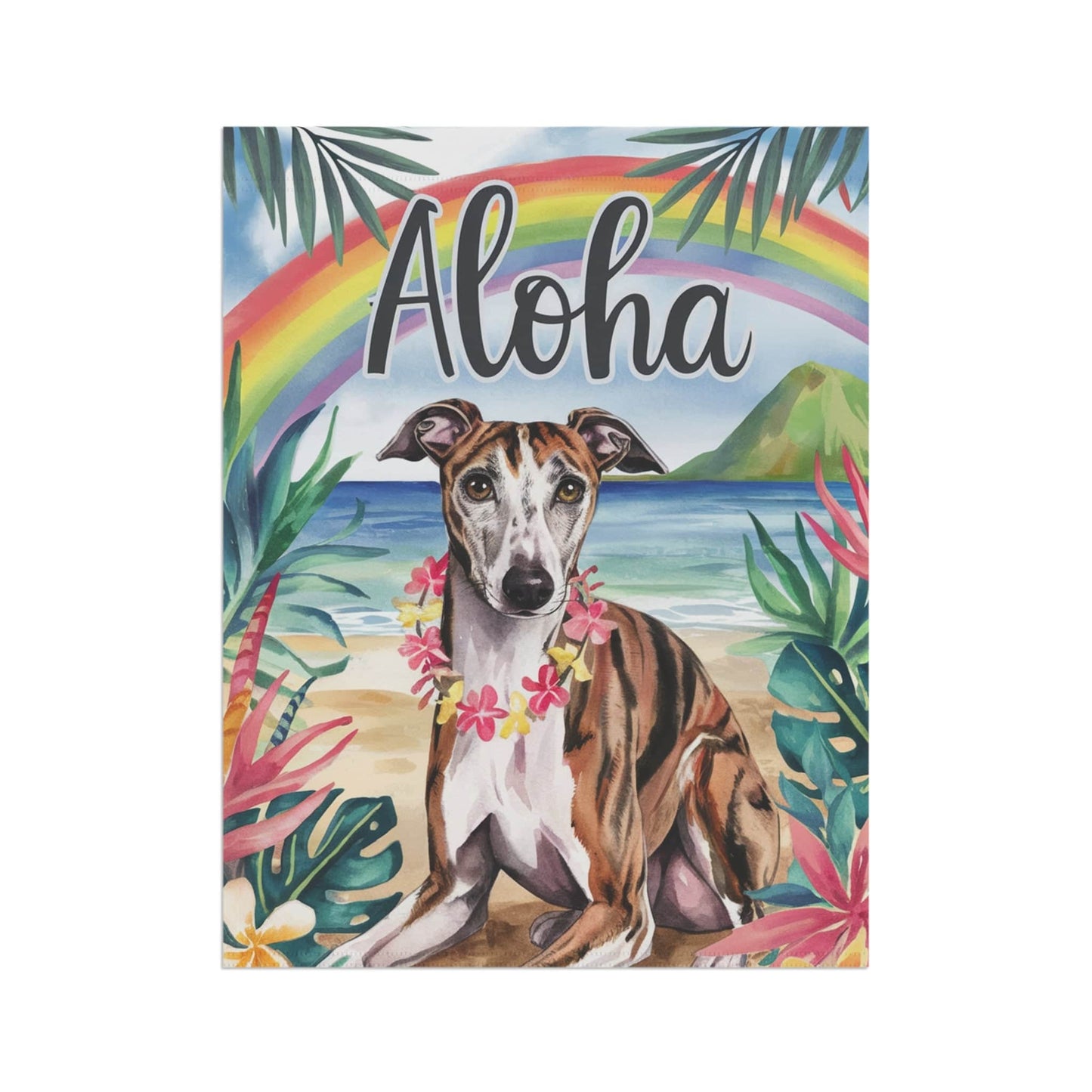 Printify Home Decor Garden Flag, Brindle Greyhound Aloha Luau Party Decor, Tropical Hawaiian Beach Scene