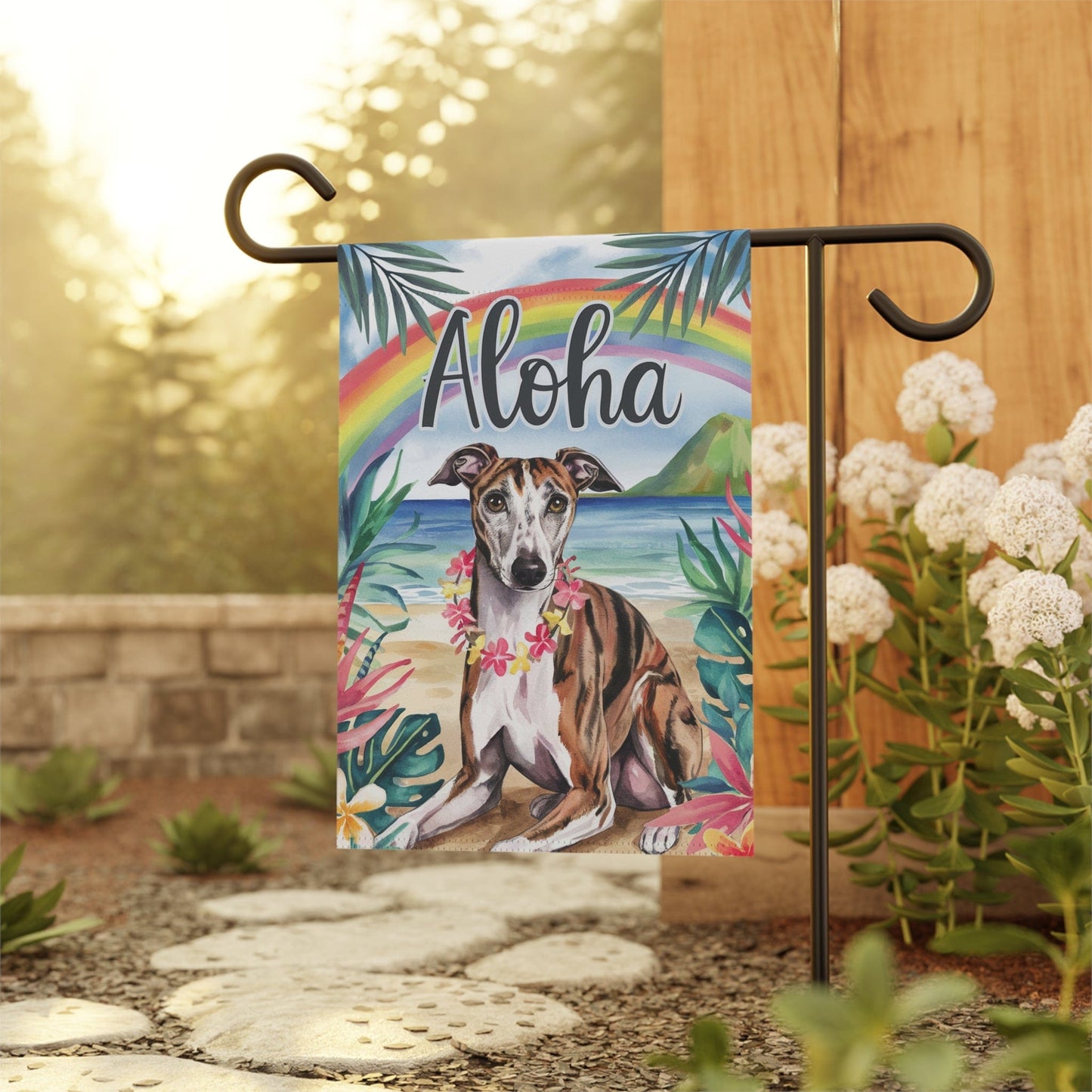 Printify Home Decor Garden Flag, Brindle Greyhound Aloha Luau Party Decor, Tropical Hawaiian Beach Scene