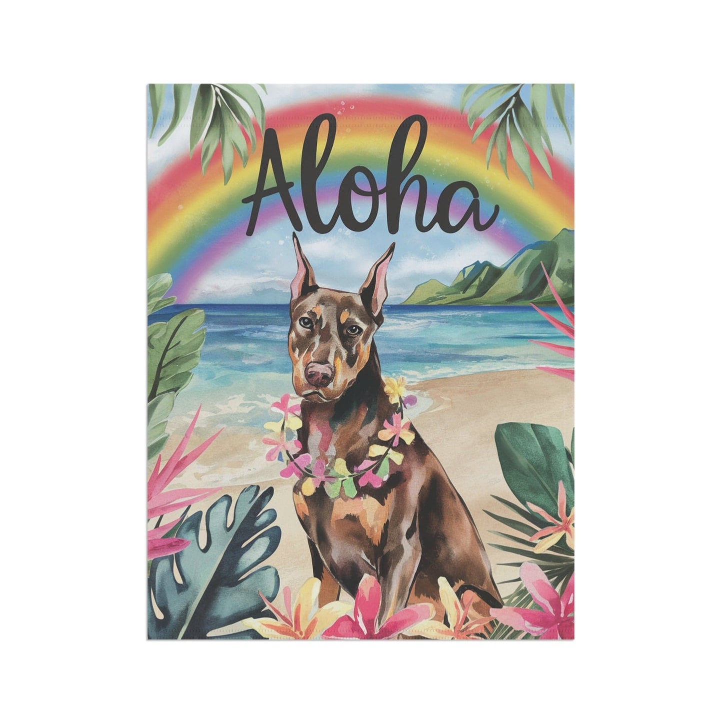 Printify Home Decor Garden Flag, Doberman Pinscher Aloha Luau Party Decor, Tropical Hawaiian Beach Scene