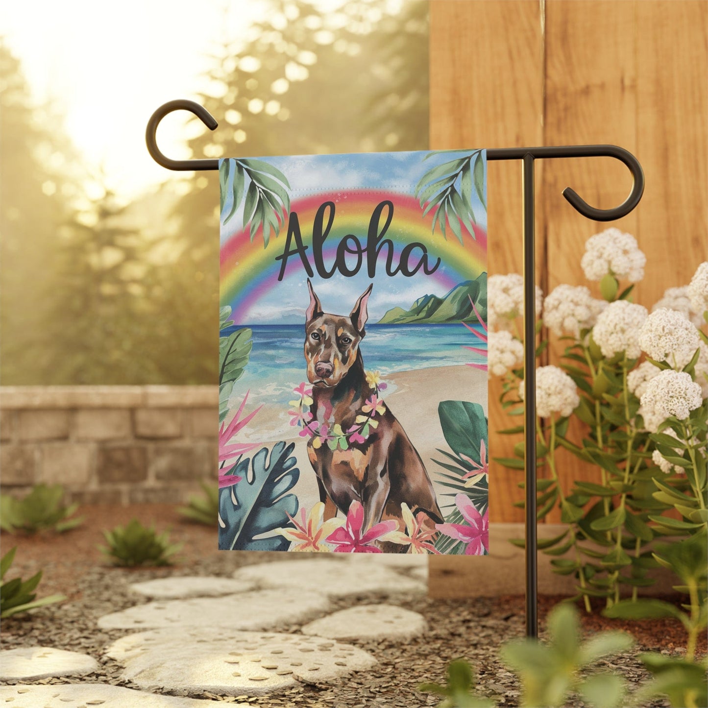 Printify Home Decor Garden Flag, Doberman Pinscher Aloha Luau Party Decor, Tropical Hawaiian Beach Scene