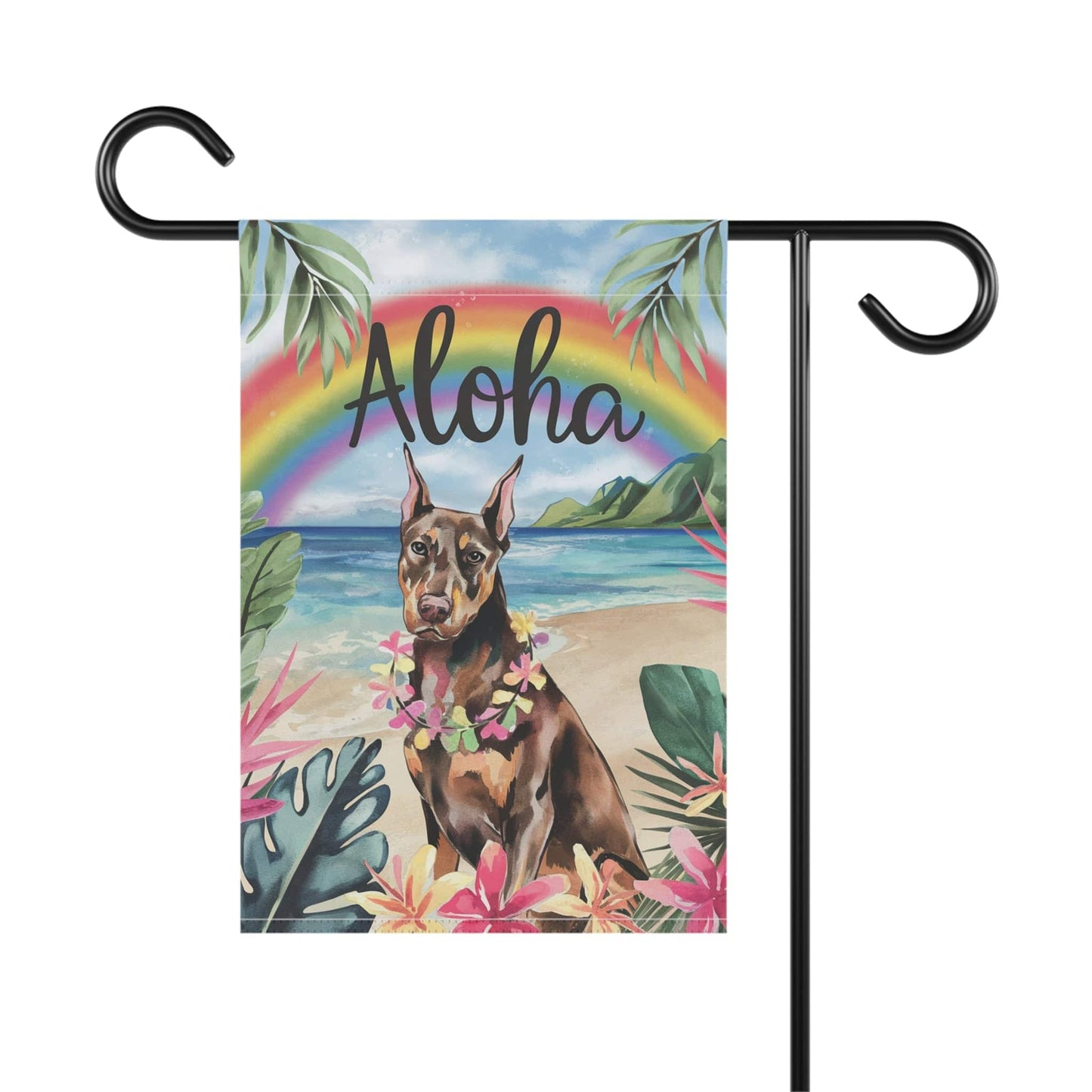 Printify Home Decor Garden Flag, Doberman Pinscher Aloha Luau Party Decor, Tropical Hawaiian Beach Scene