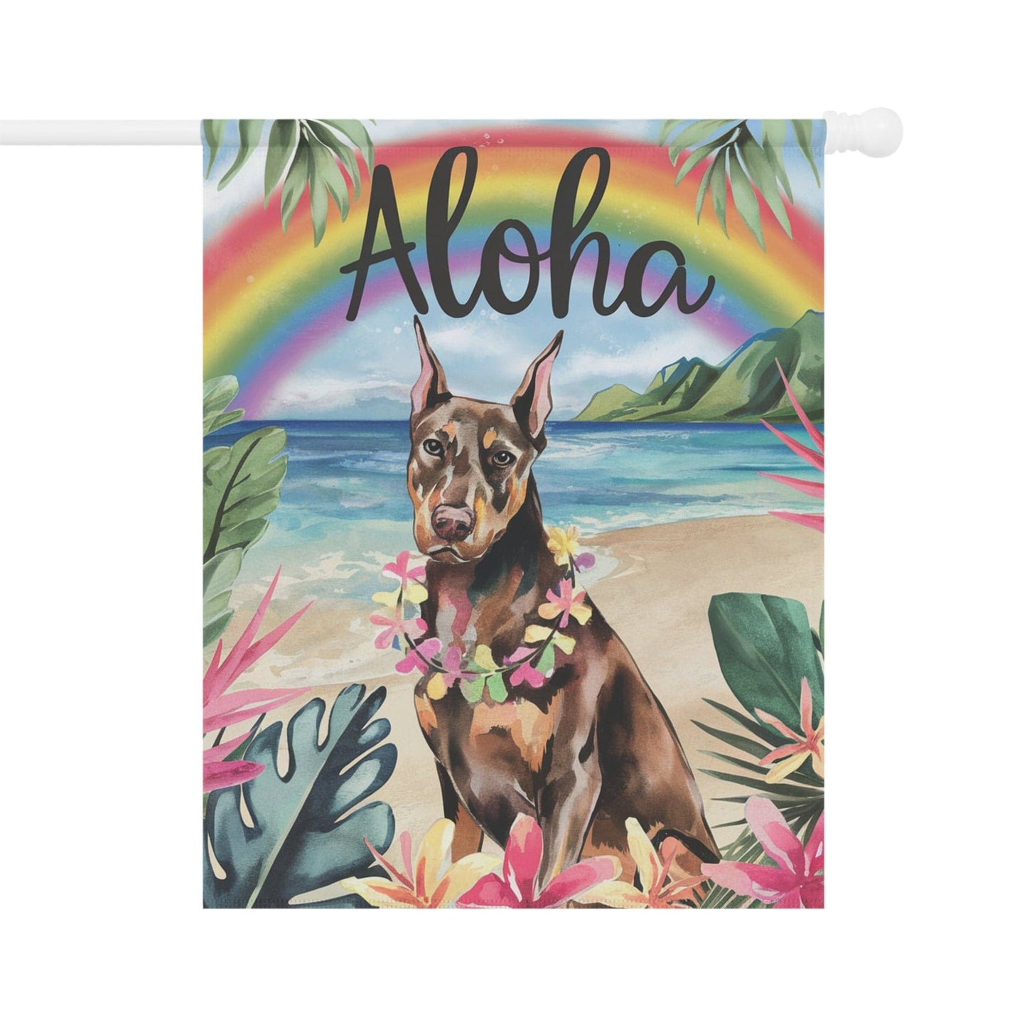Printify Home Decor 24.5'' × 32'' Garden Flag, Doberman Pinscher Aloha Luau Party Decor, Tropical Hawaiian Beach Scene