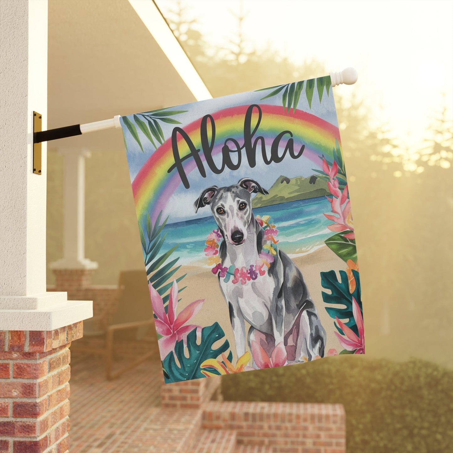 Printify Home Decor Garden Flag, Gray Greyhound Aloha Luau Party Decor, Tropical Hawaiian Beach Scene