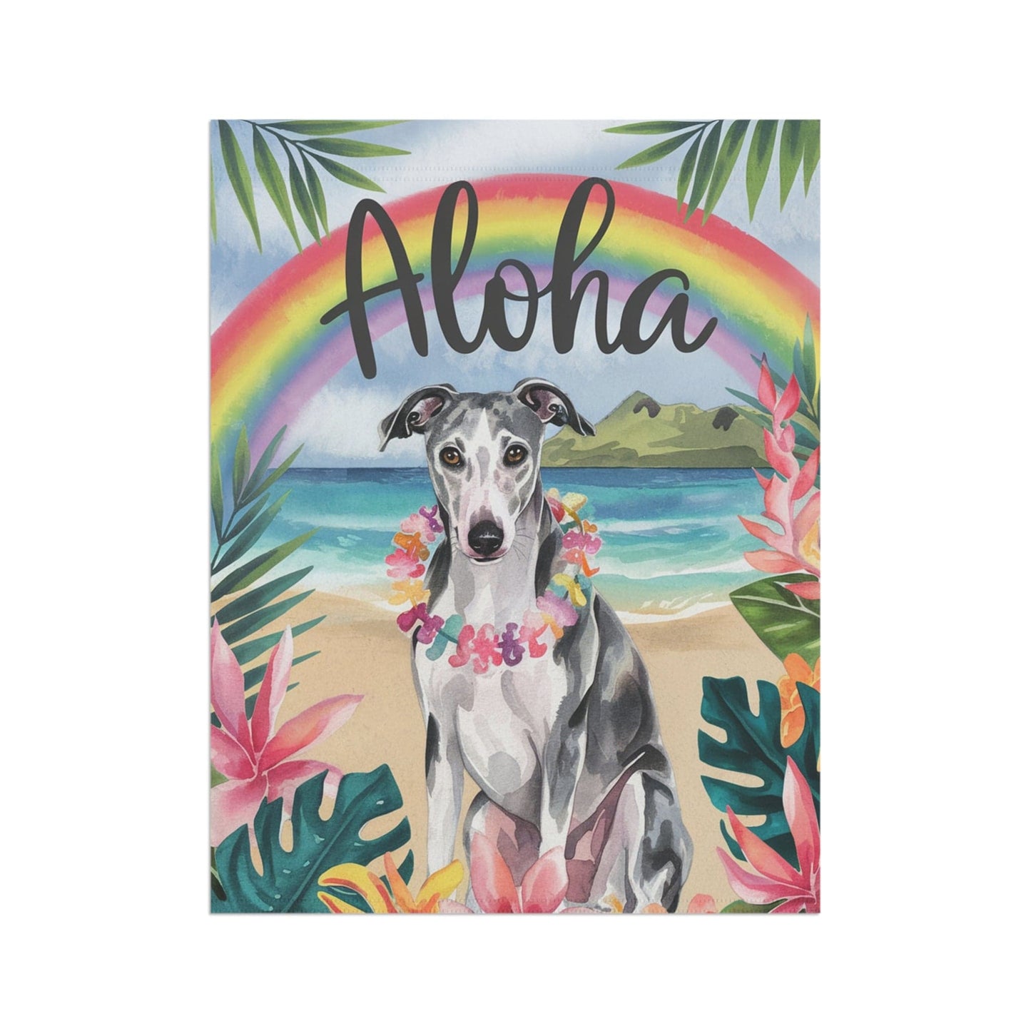 Printify Home Decor Garden Flag, Gray Greyhound Aloha Luau Party Decor, Tropical Hawaiian Beach Scene