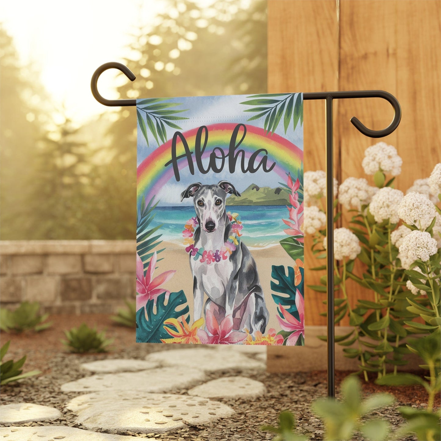 Printify Home Decor Garden Flag, Gray Greyhound Aloha Luau Party Decor, Tropical Hawaiian Beach Scene