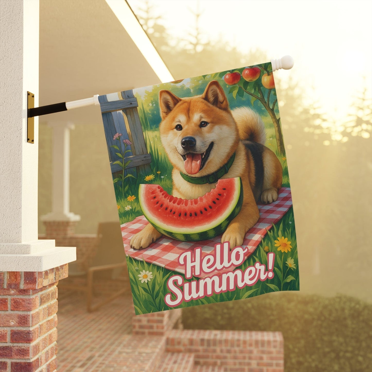 Printify Home Decor Garden Flag, Japanese Akita Watermelon, Hello Summer Yard Sign, Picnic Housewarming Decor