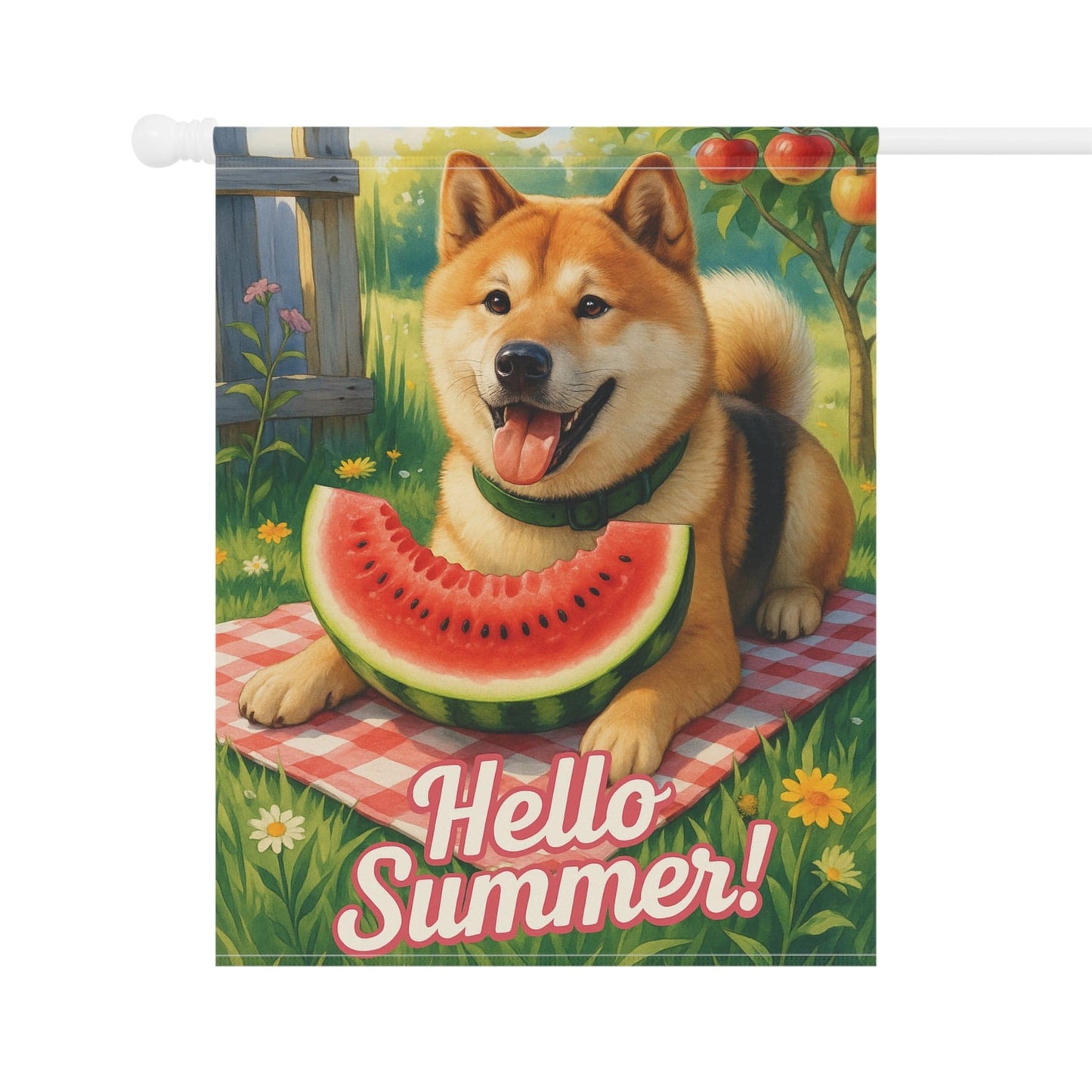 Printify Home Decor Garden Flag, Japanese Akita Watermelon, Hello Summer Yard Sign, Picnic Housewarming Decor