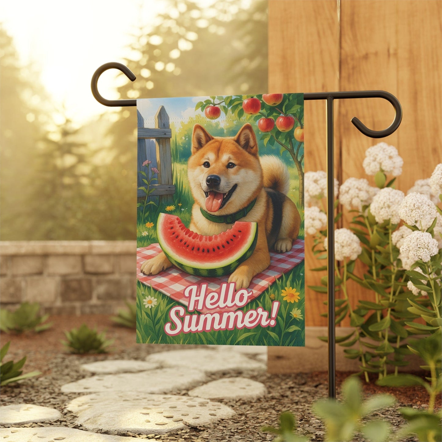 Printify Home Decor Garden Flag, Japanese Akita Watermelon, Hello Summer Yard Sign, Picnic Housewarming Decor