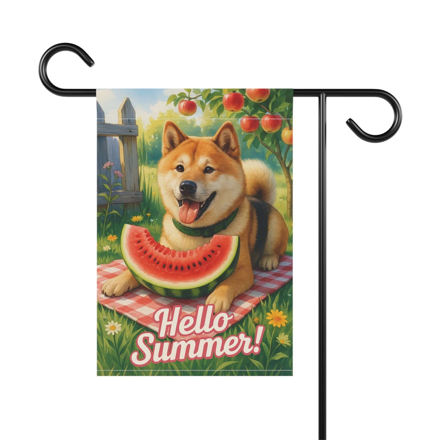 Printify Home Decor Garden Flag, Japanese Akita Watermelon, Hello Summer Yard Sign, Picnic Housewarming Decor