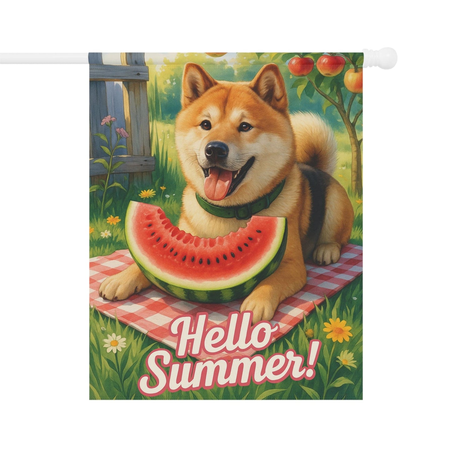 Printify Home Decor 24.5'' × 32'' Garden Flag, Japanese Akita Watermelon, Hello Summer Yard Sign, Picnic Housewarming Decor