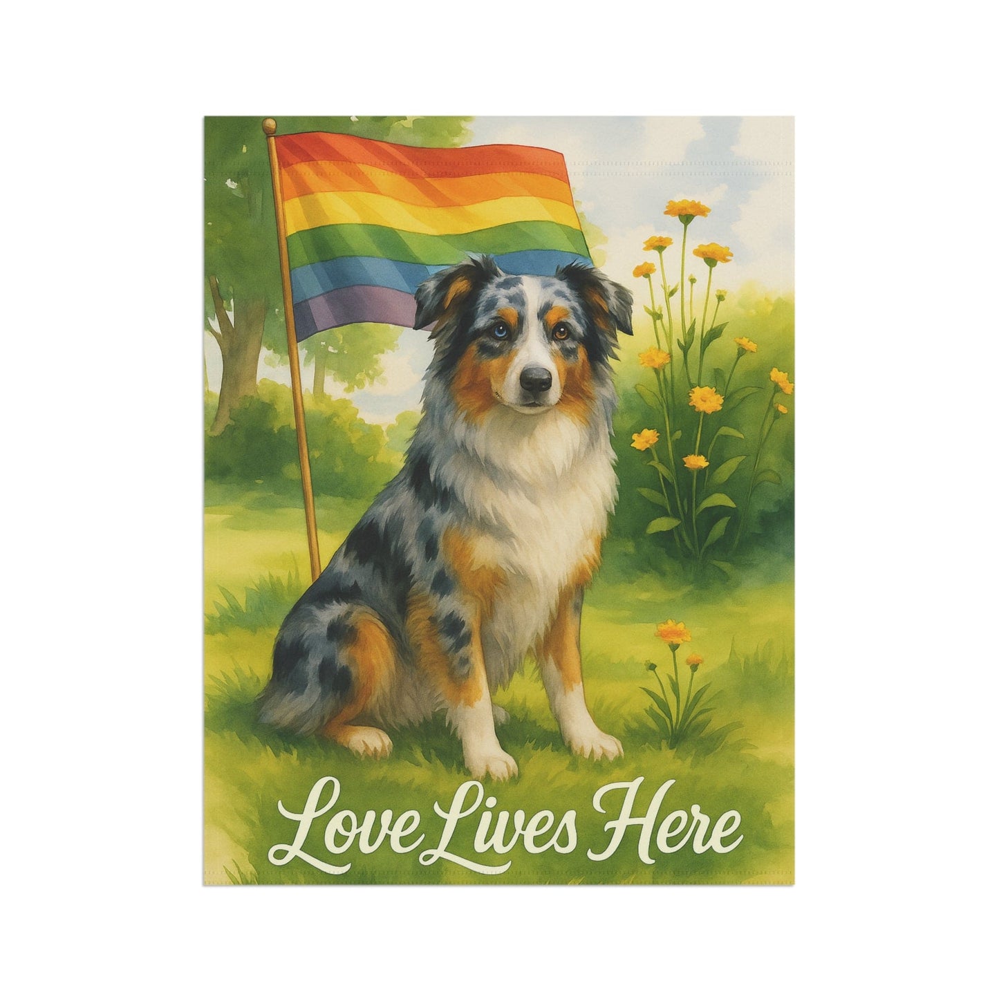 Printify Home Decor Garden Flag, LGBTQ+ Pride Merle Australian Shepherd Banner, Ally Love, Rainbow Decor, House Decoration
