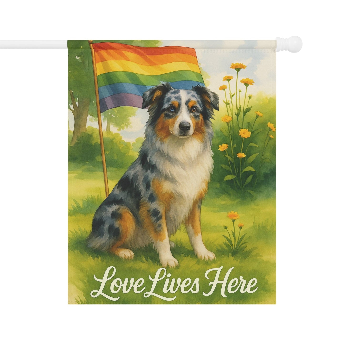 Printify Home Decor 24.5'' × 32'' Garden Flag, LGBTQ+ Pride Merle Australian Shepherd Banner, Ally Love, Rainbow Decor, House Decoration