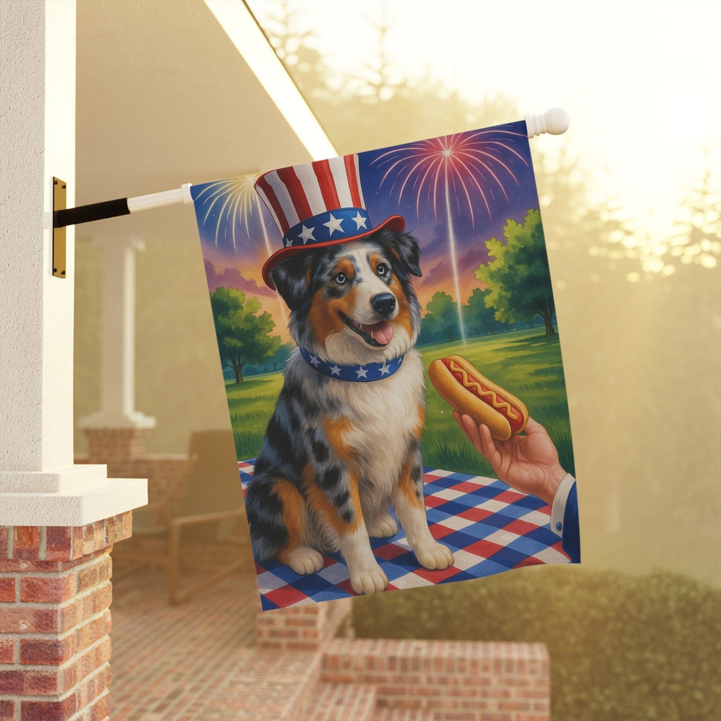 Printify Home Decor Garden Flag, Merle Australian Shepherd 4th of July Yard Decor, Hot Dog Independence Day America