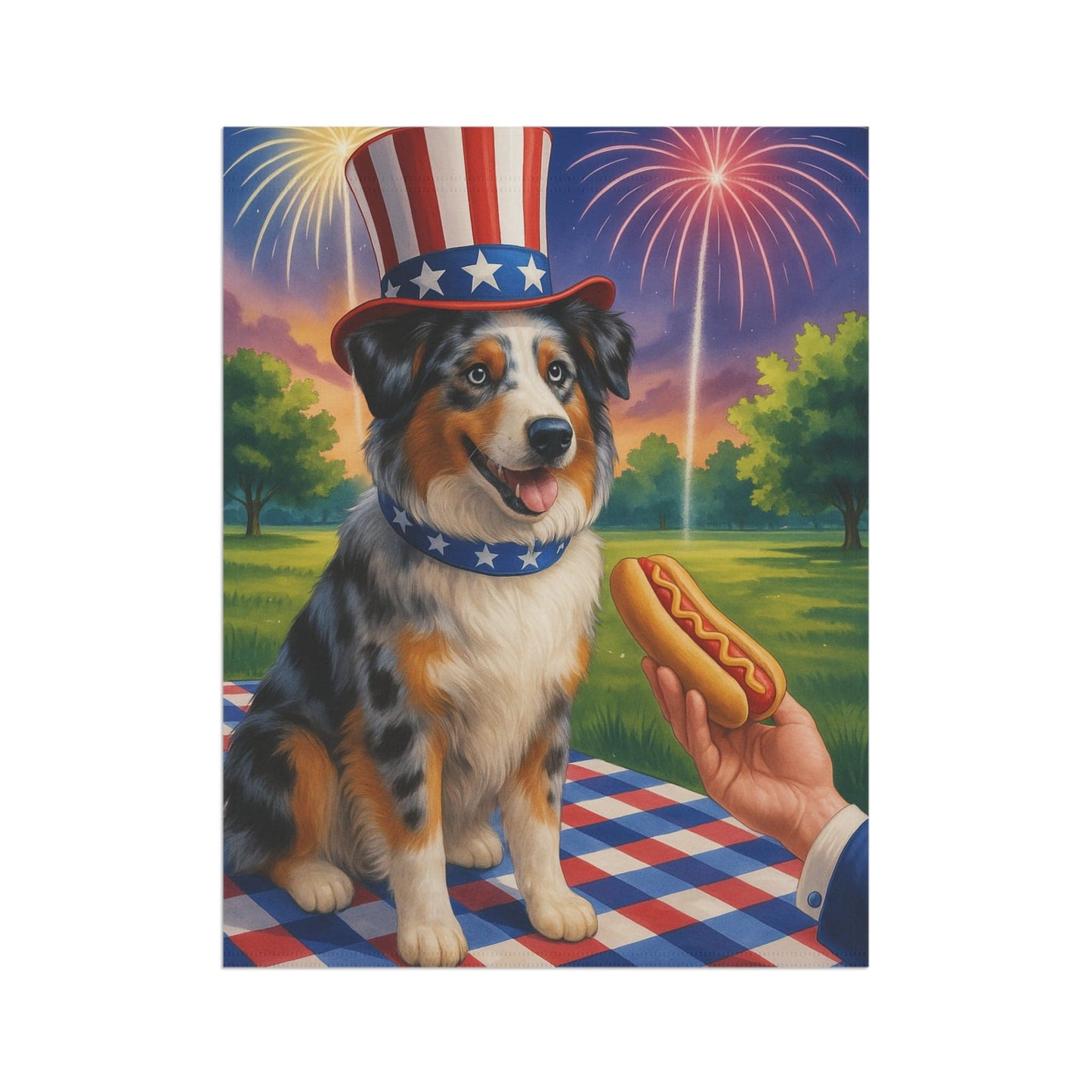 Printify Home Decor Garden Flag, Merle Australian Shepherd 4th of July Yard Decor, Hot Dog Independence Day America